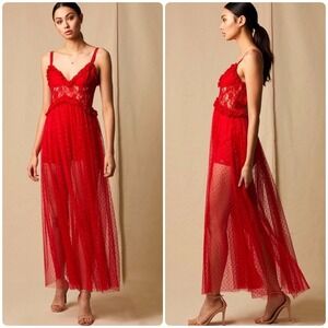 Choosy Womens Valentines Day Red Lace Tulle Swiss Dot Ruffle Maxi Dress Size 10